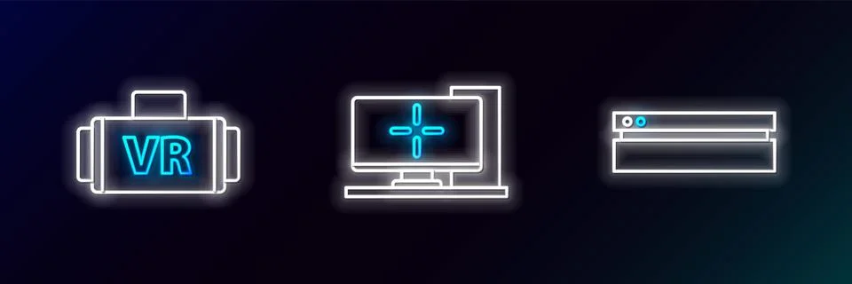 Set line Video game console, Virtual reality glasses and Computer monitor i.. Stock Illustration