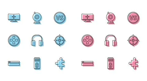 Set line Video game console, Computer, monitor, Piece of puzzle, Headphones.. Stock Illustration