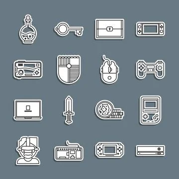 Set line Video game console, Portable video, Gamepad, Chest for, Shield, Mo.. Stock Illustration