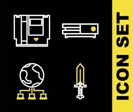 Set line Video game console, Sword for, Computer network and Cartridge icon.. Stock Illustration