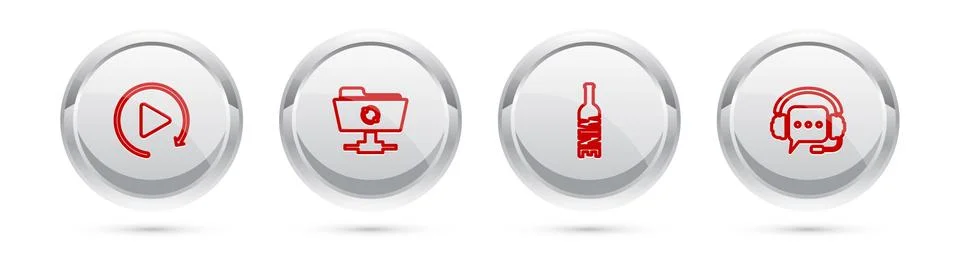 Set line Video play button, FTP sync refresh, Bottle of wine and Headphones with Stock Illustration