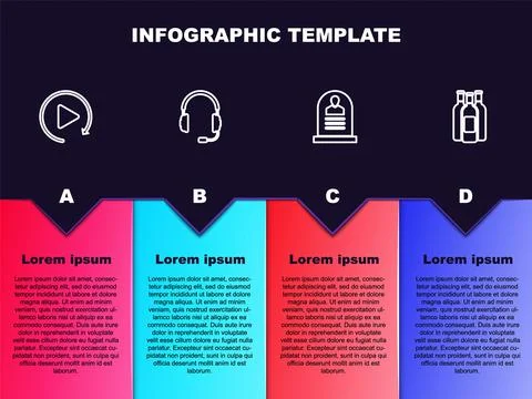 Set line Video play button, Headphones with microphone, Tombstone RIP written Stock Illustration