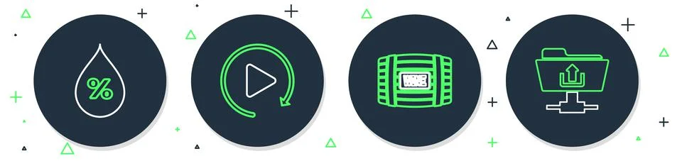 Set line Video play button, Wooden barrel for wine, Water drop percentage and Illustrazione stock