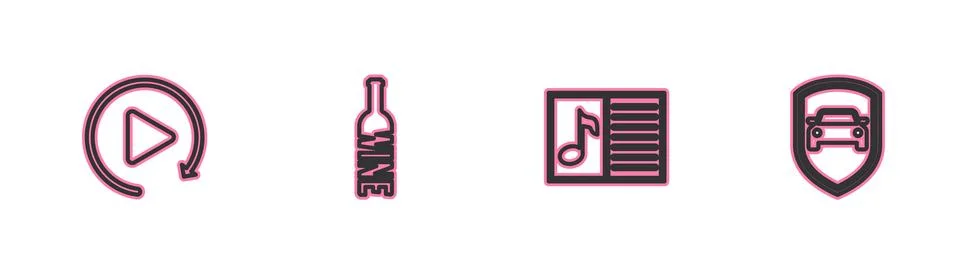 Set line Video play button, Music book with note, Bottle of wine and Car prot Illustrazione stock
