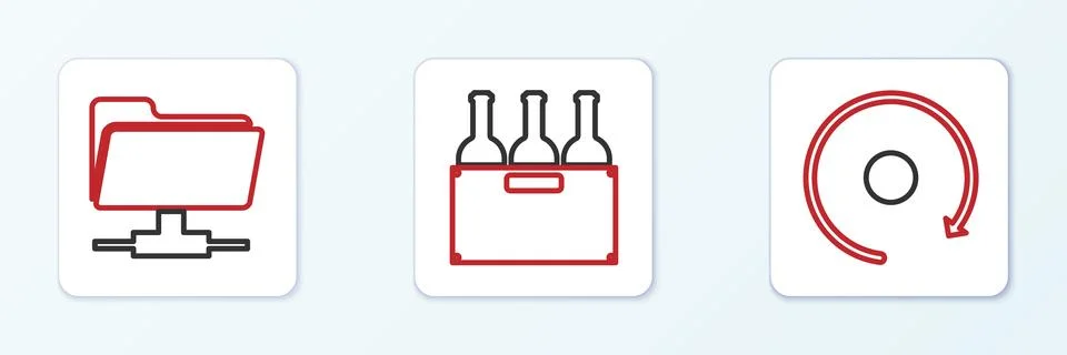 Set line Video play button, FTP folder and Bottles of wine in box icon. Vecto Stock Illustration