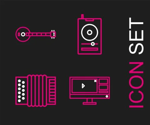Set line Video recorder or editor software on monitor, Musical instrument Stock Illustration