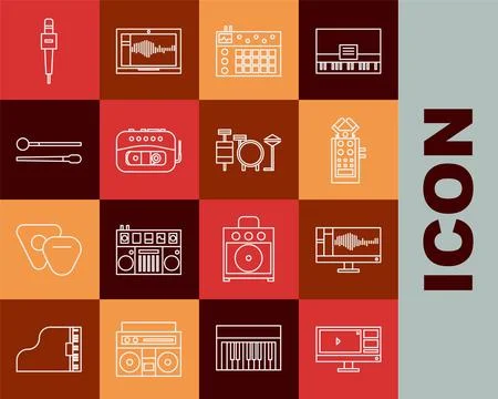 Set line Video recorder or editor software on monitor, Sound audio, Microphone Stock Illustration