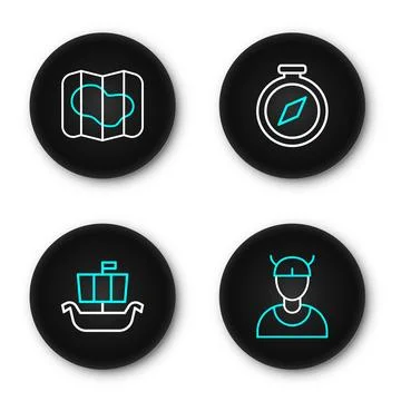 Set line Viking head, ship Drakkar, Compass and Map of Iceland icon. Vector 스톡 일러스트