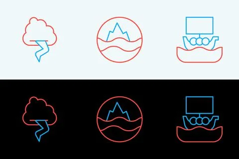 Set line Viking ship Drakkar, Cloud and lightning and Sea waves icon. Vector Stockillustratie