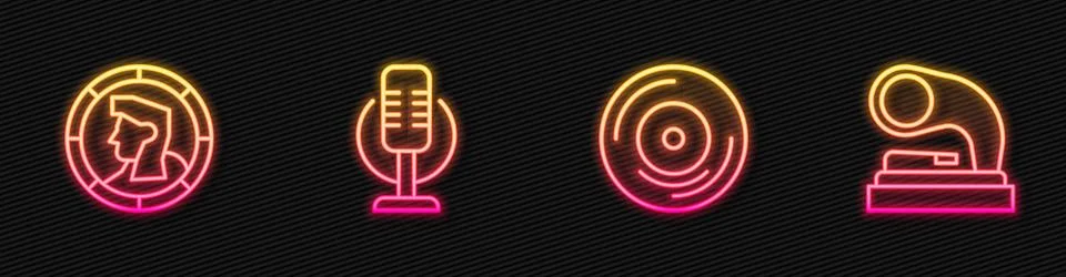 Set line Vinyl disk, Ancient coin, Microphone and Old gramophone. Glowing n.. Stock Illustration