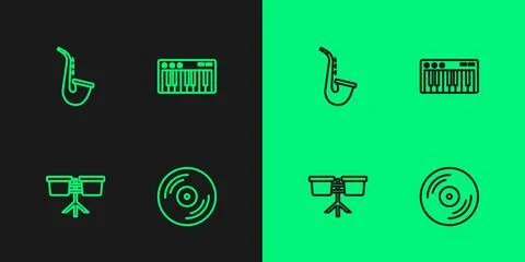 Set line Vinyl disk, Bongo drum, Saxophone and Music synthesizer icon. Vector Illustrazione stock