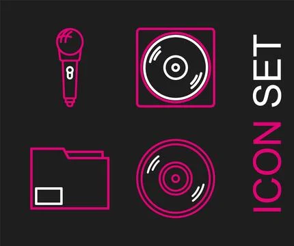 Set line Vinyl disk, Document folder, and Microphone icon. Vector Stock Illustration