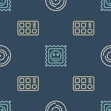 Set line Vinyl disk, Drum machine and LSD acid mark on seamless pattern. Vector Illustrazione stock
