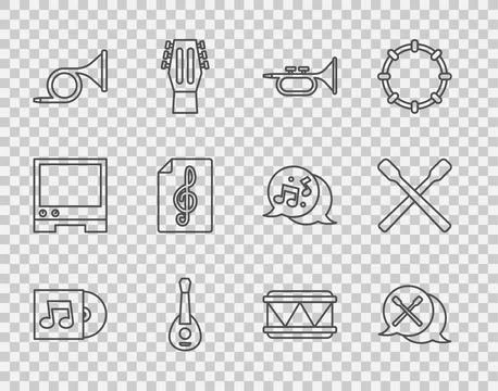Set line Vinyl disk, Drum sticks, Trumpet, Guitar, Treble clef,  and  icon... Stock Illustration