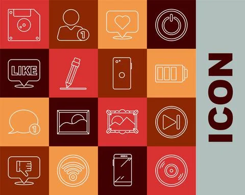 Set line Vinyl disk, Fast forward, Battery charge level indicator, Like and Illustrazione stock