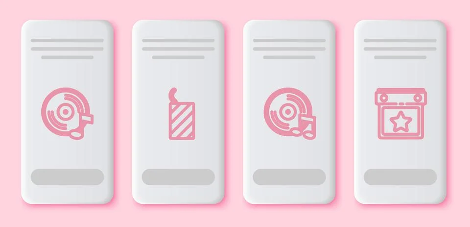 Set line Vinyl disk, Firework rocket, and Calendar party. White rectangle button Stock Illustration