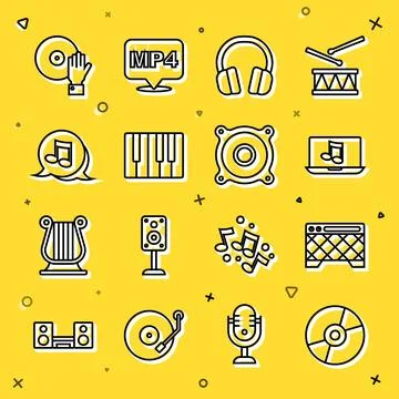 Set line Vinyl disk, Guitar amplifier, Laptop with music, Headphones, Music.. Stock Illustration