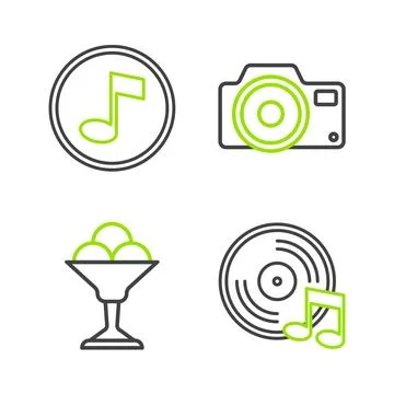 Set line Vinyl disk, Ice cream bowl, Photo camera and Music note, tone icon.. Stock Illustration