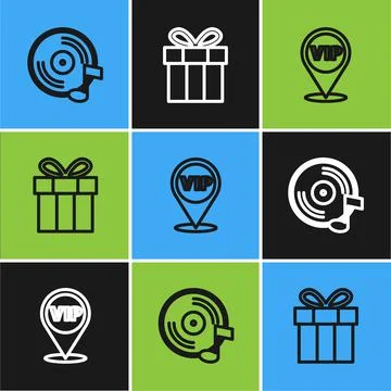 Set line Vinyl disk, Location Vip and Gift box icon. Vector Illustrazione stock