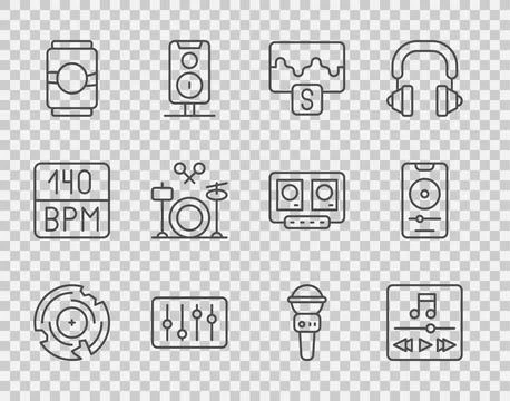 Set line Vinyl disk, Music player, wave equalizer, Sound mixer controller, .. Stock Illustration