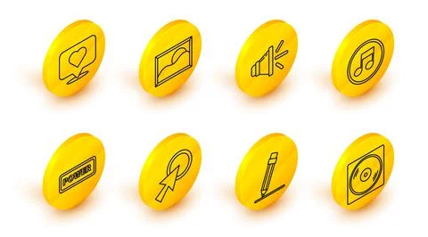 Set line Vinyl disk, Pencil with eraser, Arrow cursor, Power button, Music note Stock Illustration