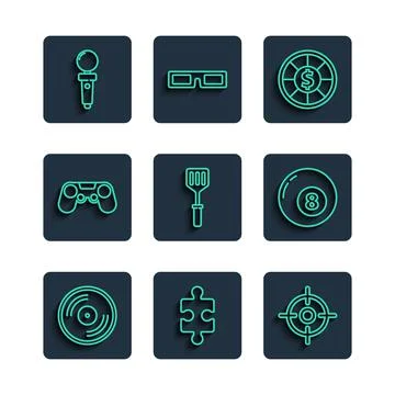 Set line Vinyl disk, Piece of puzzle, Target sport, Casino chips, Spatula Stock Illustration