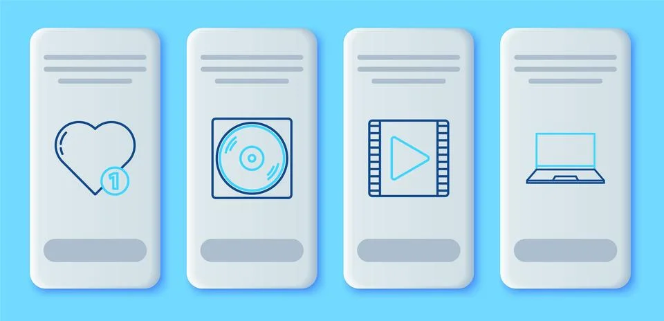 Set line Vinyl disk, Play Video, Like and heart and Laptop icon. Vector Stock Illustration