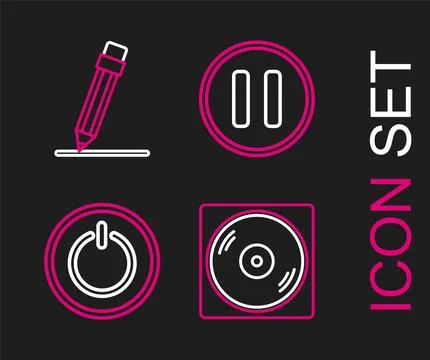 Set line Vinyl disk, Power button, Pause and Pencil with eraser icon. Vector イラスト素材