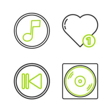 Set line Vinyl disk, Rewind, Like and heart and Music note, tone icon. Vector Stock Illustration