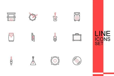Set line Vinyl disk, Stereo speaker, Balalaika, Audio jack, Guitar amplifie.. Stock Illustration