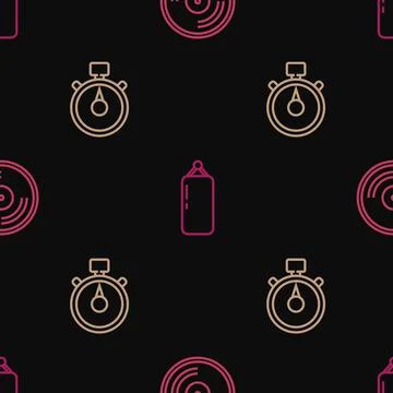 Set line Vinyl disk, Stopwatch and Punching bag on seamless pattern. Vector 스톡 일러스트