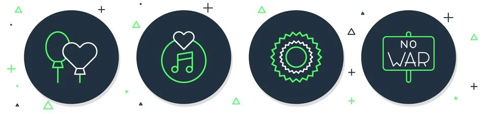 Set line Vinyl disk, Sun, Balloons and No war icon. Vector Illustrazione stock