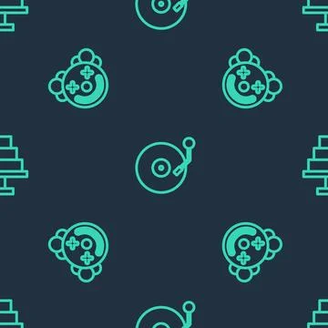 Set line Vinyl player with disk, Clown head and Cake on seamless pattern. Vector 库存插图