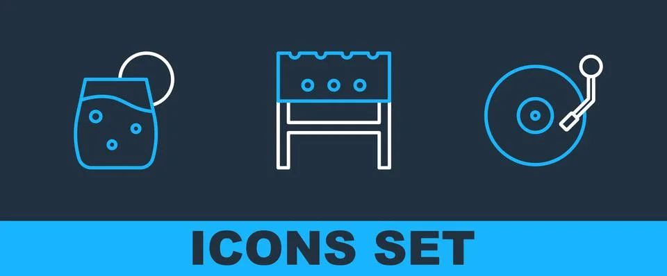 Set line Vinyl player with disk, Cocktail and BBQ brazier icon. Vector Stock Illustration