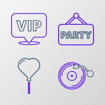 Set line Vinyl player with disk, Balloon form of heart, Signboard party and.. Illustrazione stock