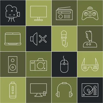 Set line Vinyl player, Smart glasses, Joystick for arcade machine, Radio with Stock Illustration