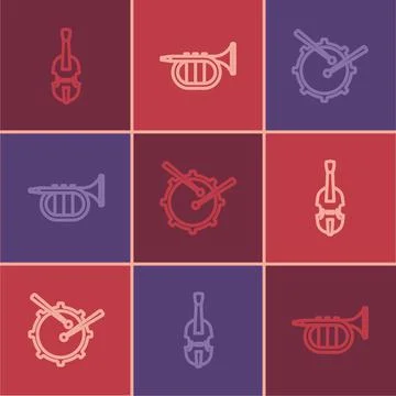 Set line Violin, Drum with drum sticks and Trumpet icon. Vector Illustrazione stock