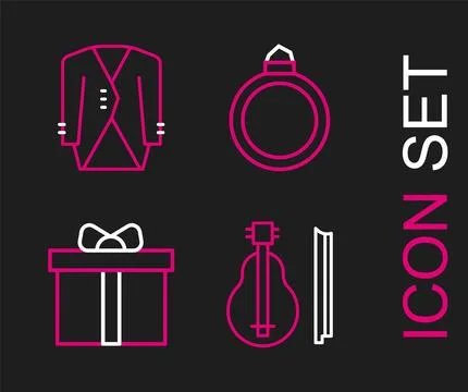 Set line Violin, Gift box, Diamond engagement ring and Suit icon. Vector Illustration