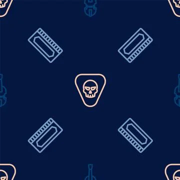 Set line Violin, Harmonica and Guitar pick on seamless pattern. Vector Illustrazione stock