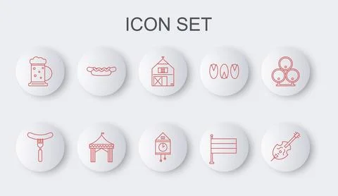 Set line Violin, Sausage on the fork, Farm House, National Germany flag, Wo.. 스톡 일러스트