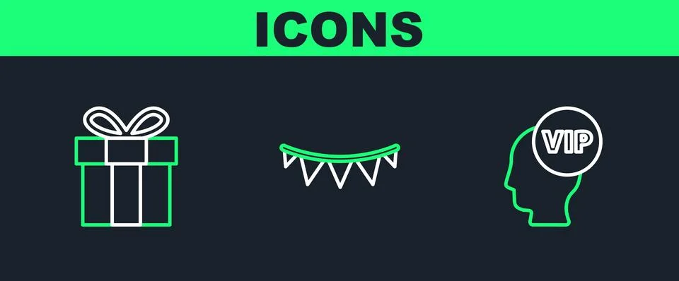 Set line Vip inside head, Gift box and Carnival garland with flags icon. Vector イラスト素材