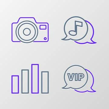 Set line Vip in speech bubble, Music equalizer, Musical note and Photo came.. Stock Illustration