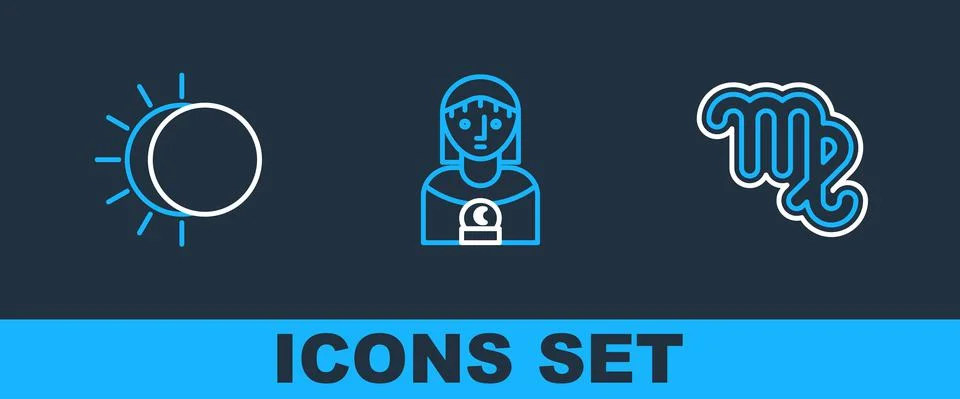 Set line Virgo zodiac, Eclipse of the sun and Astrology woman icon. Vector Stock Illustration
