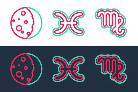 Set line Virgo zodiac, Eclipse of the sun and Pisces icon. Vector Stock Illustration