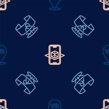 Set line Virtual reality, 360 degree view and 3d modeling on seamless pattern Illustrazione stock
