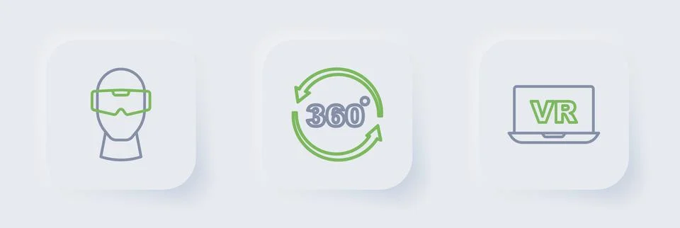 Set line Virtual reality, 360 degree view and glasses icon. Vector Stock Illustration