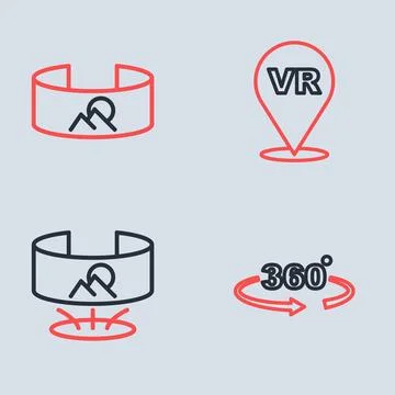 Set line Virtual reality, 360 degree view,  and  icon. Vector Stock Illustration