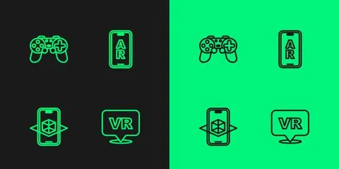 Set line Virtual reality, 3d modeling, Gamepad and Augmented AR icon. Vector Illustrazione stock