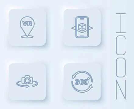 Set line Virtual reality, 3d modeling, 360 degree view and . White square button Stock Illustration