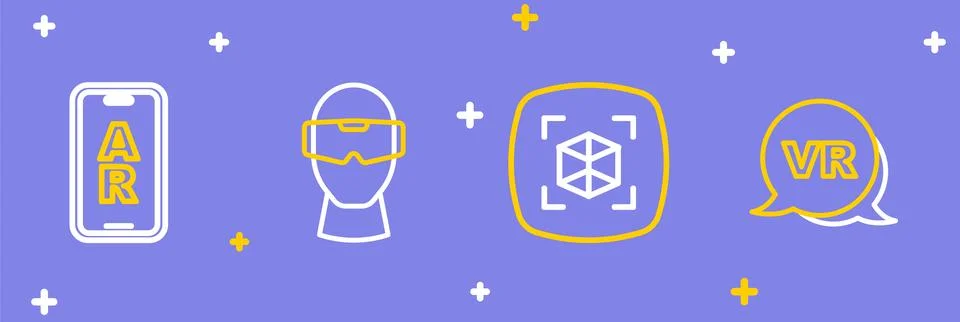 Set line Virtual reality, 3d modeling, glasses and Augmented AR icon. Vector Stock Illustration